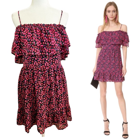 WAYF Daria Off Shoulder Ruffle Dress Berry Ditzy Large - Picture 16 of 16